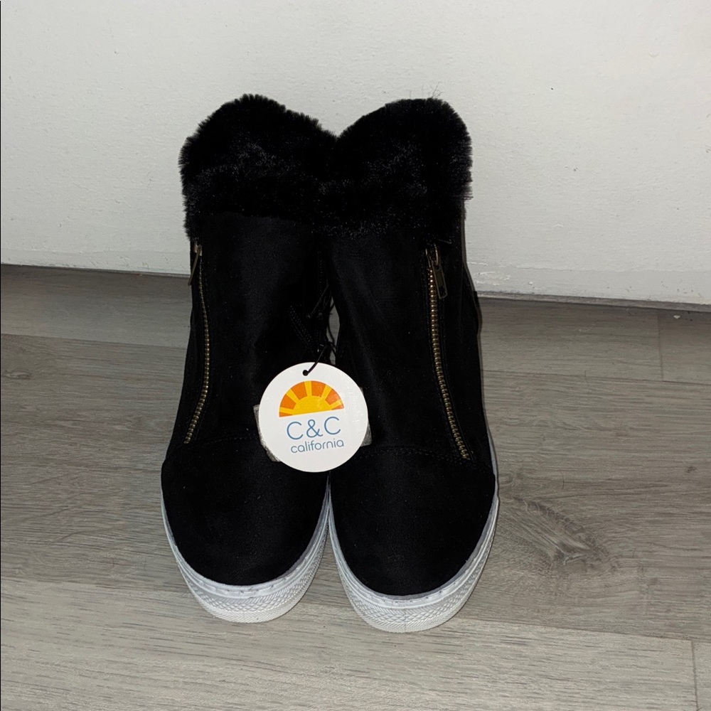 C&C California Black Wedge Sneakers with Fur Trim Brand New